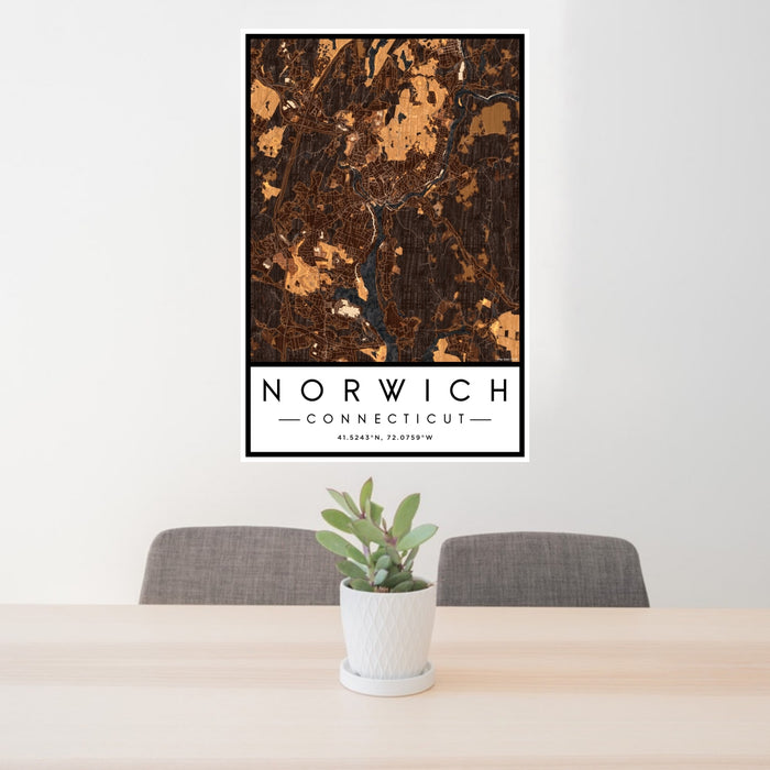 24x36 Norwich Connecticut Map Print Portrait Orientation in Ember Style Behind 2 Chairs Table and Potted Plant