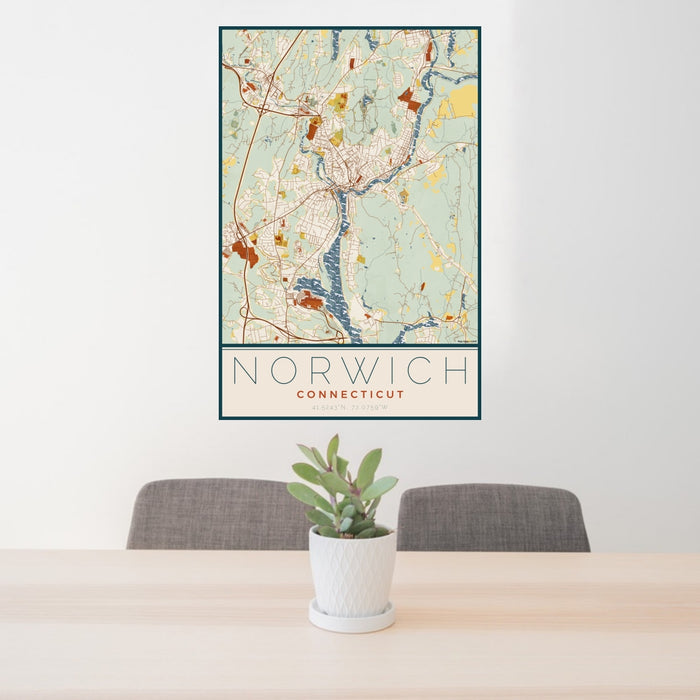 24x36 Norwich Connecticut Map Print Portrait Orientation in Woodblock Style Behind 2 Chairs Table and Potted Plant