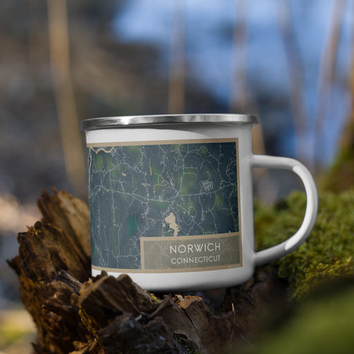 Right View Custom Norwich Connecticut Map Enamel Mug in Afternoon on Grass With Trees in Background