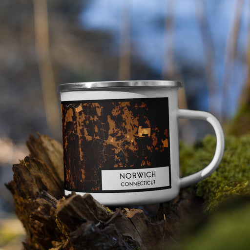 Right View Custom Norwich Connecticut Map Enamel Mug in Ember on Grass With Trees in Background