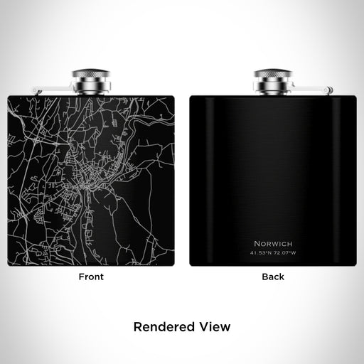 Rendered View of Norwich Connecticut Map Engraving on 6oz Stainless Steel Flask in Black