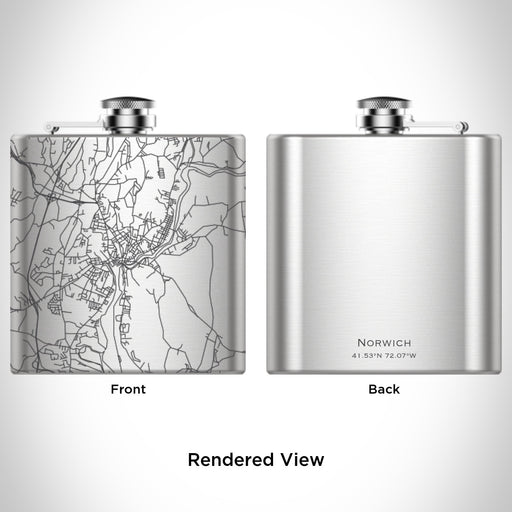 Rendered View of Norwich Connecticut Map Engraving on 6oz Stainless Steel Flask