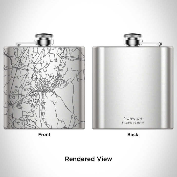 Rendered View of Norwich Connecticut Map Engraving on 6oz Stainless Steel Flask