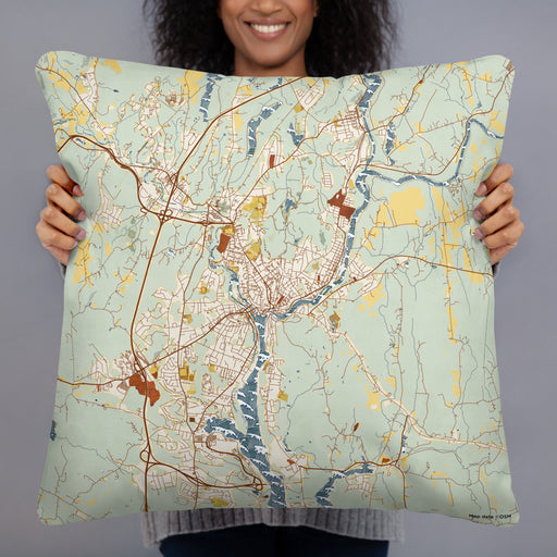Person holding 22x22 Custom Norwich Connecticut Map Throw Pillow in Woodblock