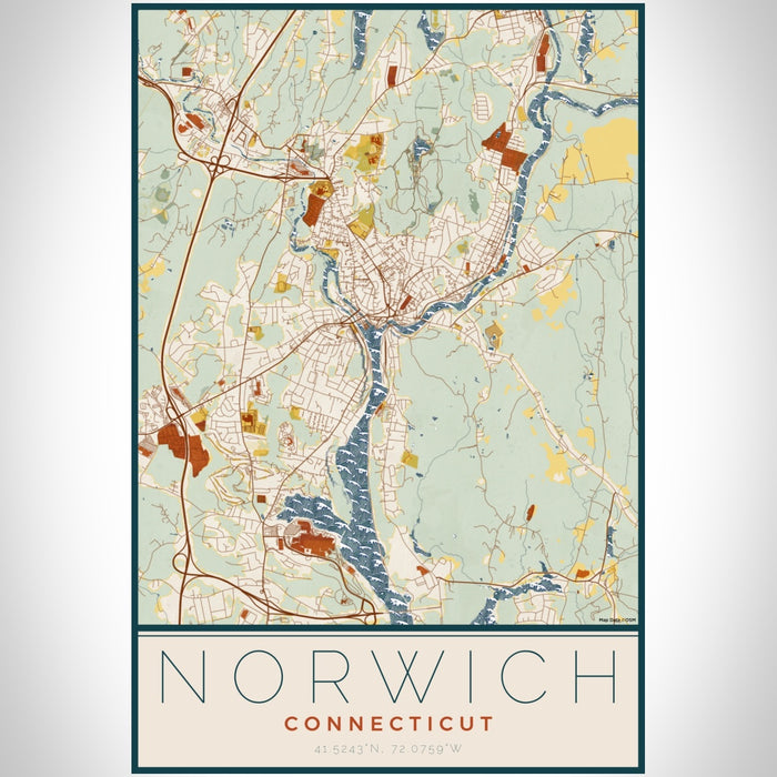 Norwich Connecticut Map Print Portrait Orientation in Woodblock Style With Shaded Background