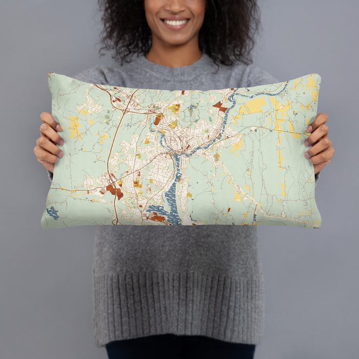 Person holding 20x12 Custom Norwich Connecticut Map Throw Pillow in Woodblock