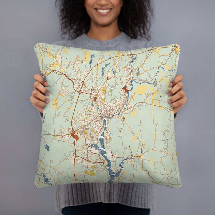 Person holding 18x18 Custom Norwich Connecticut Map Throw Pillow in Woodblock