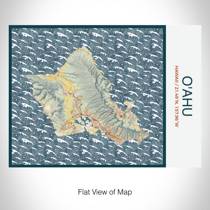 Rendered View of O'ahu Hawaii Map on 20oz Stainless Steel Insulated Bottle with Bamboo Top with printed woodblock style map