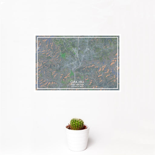 12x18 Oak Hill West Virginia Map Print Landscape Orientation in Afternoon Style With Small Cactus Plant in White Planter