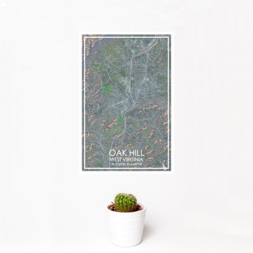 12x18 Oak Hill West Virginia Map Print Portrait Orientation in Afternoon Style With Small Cactus Plant in White Planter