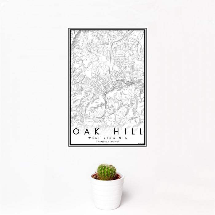 12x18 Oak Hill West Virginia Map Print Portrait Orientation in Classic Style With Small Cactus Plant in White Planter