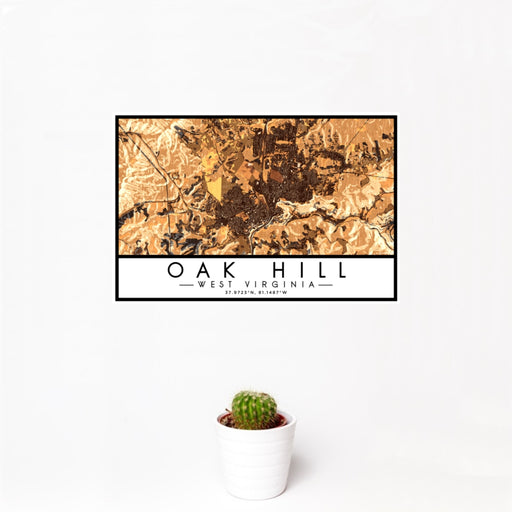 12x18 Oak Hill West Virginia Map Print Landscape Orientation in Ember Style With Small Cactus Plant in White Planter