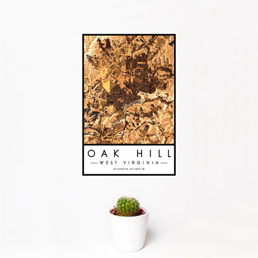 12x18 Oak Hill West Virginia Map Print Portrait Orientation in Ember Style With Small Cactus Plant in White Planter