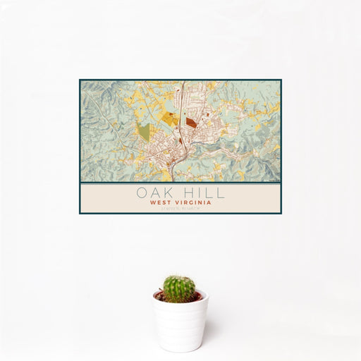 12x18 Oak Hill West Virginia Map Print Landscape Orientation in Woodblock Style With Small Cactus Plant in White Planter