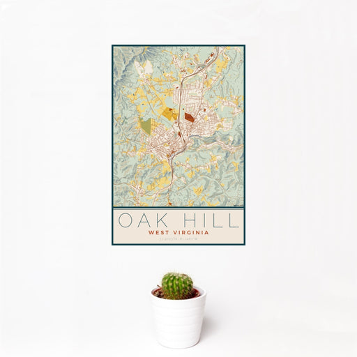 12x18 Oak Hill West Virginia Map Print Portrait Orientation in Woodblock Style With Small Cactus Plant in White Planter