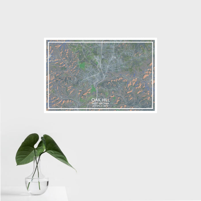 16x24 Oak Hill West Virginia Map Print Landscape Orientation in Afternoon Style With Tropical Plant Leaves in Water