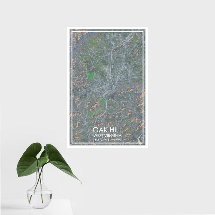 16x24 Oak Hill West Virginia Map Print Portrait Orientation in Afternoon Style With Tropical Plant Leaves in Water