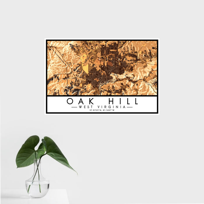 16x24 Oak Hill West Virginia Map Print Landscape Orientation in Ember Style With Tropical Plant Leaves in Water