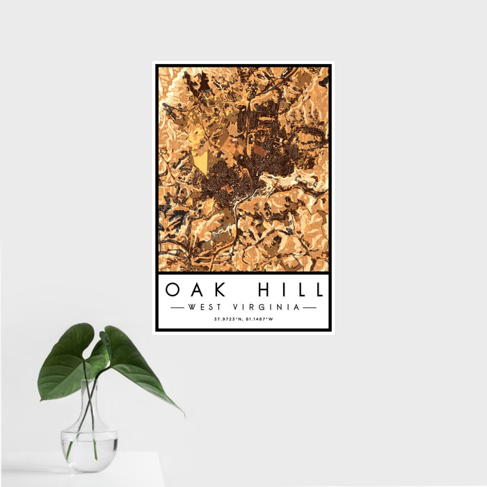 16x24 Oak Hill West Virginia Map Print Portrait Orientation in Ember Style With Tropical Plant Leaves in Water