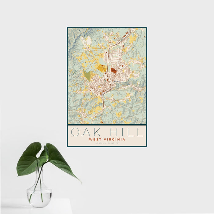 16x24 Oak Hill West Virginia Map Print Portrait Orientation in Woodblock Style With Tropical Plant Leaves in Water