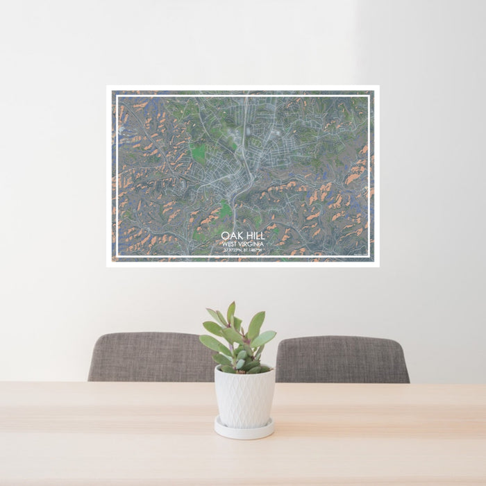 24x36 Oak Hill West Virginia Map Print Lanscape Orientation in Afternoon Style Behind 2 Chairs Table and Potted Plant