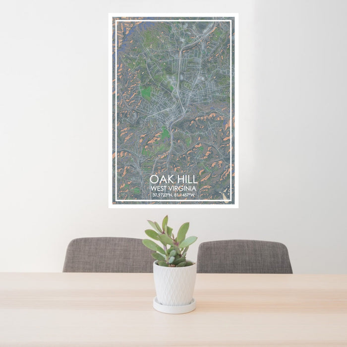 24x36 Oak Hill West Virginia Map Print Portrait Orientation in Afternoon Style Behind 2 Chairs Table and Potted Plant