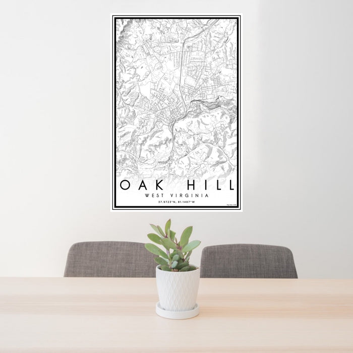 24x36 Oak Hill West Virginia Map Print Portrait Orientation in Classic Style Behind 2 Chairs Table and Potted Plant