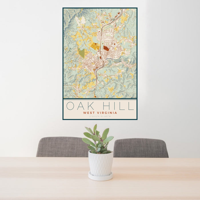 24x36 Oak Hill West Virginia Map Print Portrait Orientation in Woodblock Style Behind 2 Chairs Table and Potted Plant