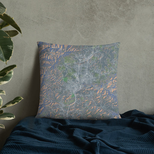 Custom Oak Hill West Virginia Map Throw Pillow in Afternoon on Bedding Against Wall