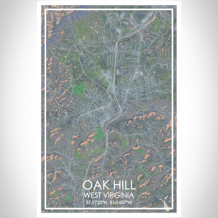 Oak Hill West Virginia Map Print Portrait Orientation in Afternoon Style With Shaded Background