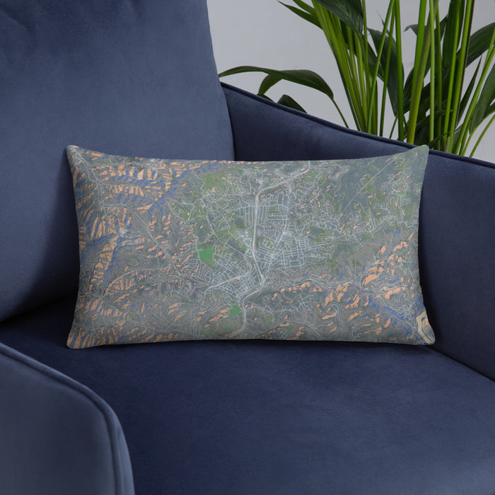 Custom Oak Hill West Virginia Map Throw Pillow in Afternoon on Blue Colored Chair