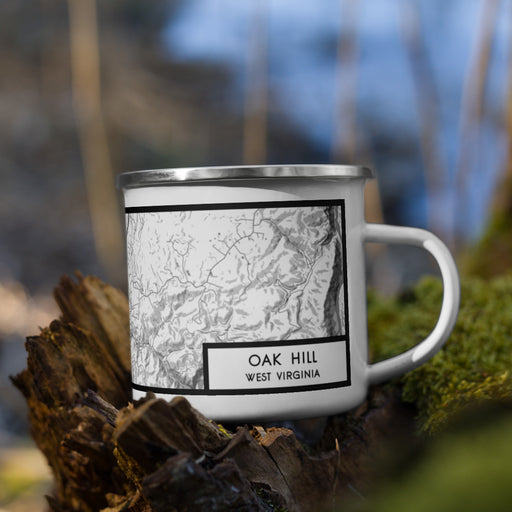 Right View Custom Oak Hill West Virginia Map Enamel Mug in Classic on Grass With Trees in Background