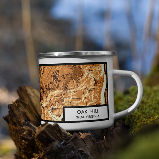 Right View Custom Oak Hill West Virginia Map Enamel Mug in Ember on Grass With Trees in Background