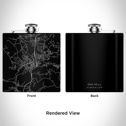 Rendered View of Oak Hill West Virginia Map Engraving on 6oz Stainless Steel Flask in Black
