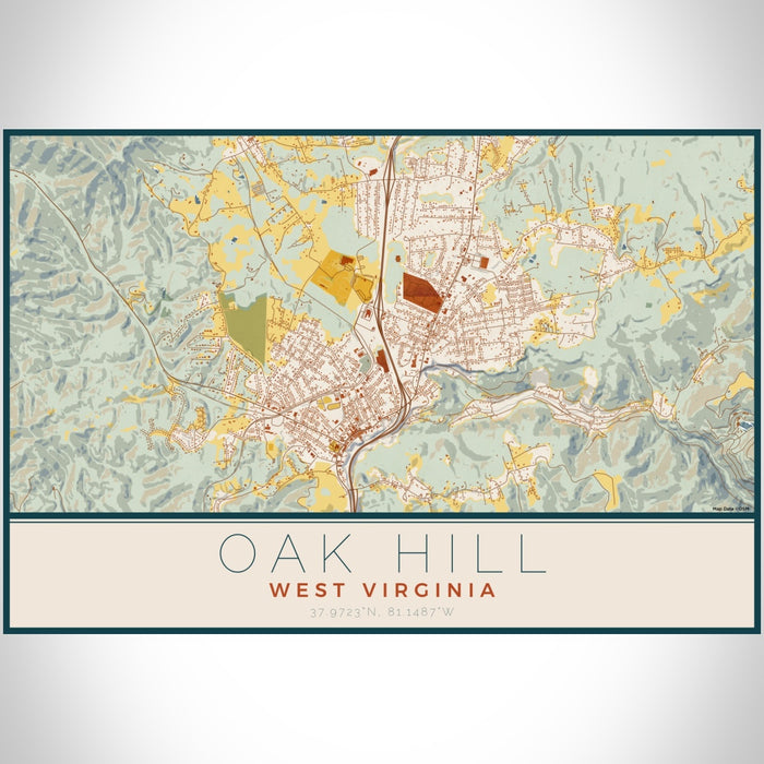 Oak Hill West Virginia Map Print Landscape Orientation in Woodblock Style With Shaded Background