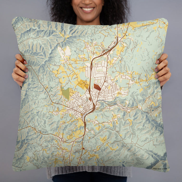 Person holding 22x22 Custom Oak Hill West Virginia Map Throw Pillow in Woodblock