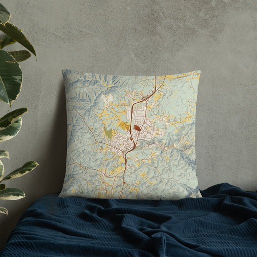 Custom Oak Hill West Virginia Map Throw Pillow in Woodblock on Bedding Against Wall
