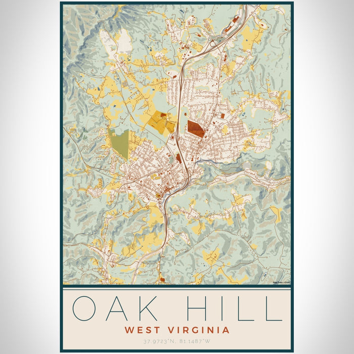 Oak Hill West Virginia Map Print Portrait Orientation in Woodblock Style With Shaded Background
