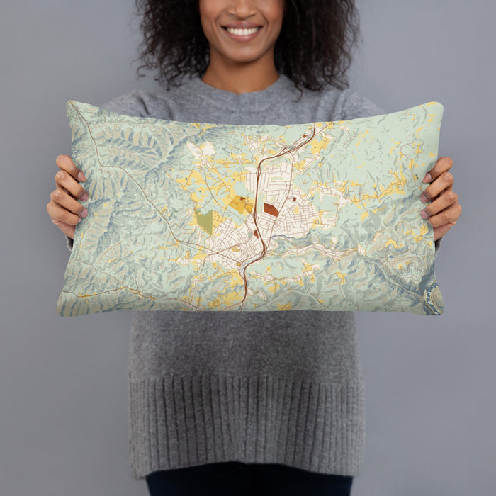 Person holding 20x12 Custom Oak Hill West Virginia Map Throw Pillow in Woodblock