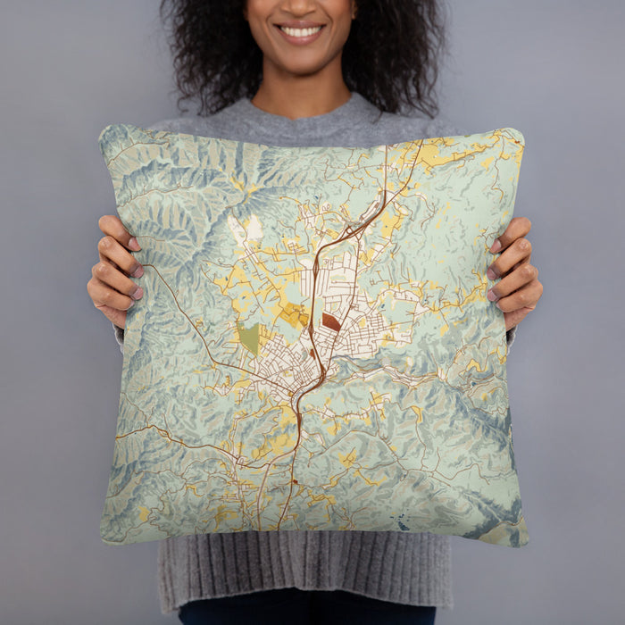 Person holding 18x18 Custom Oak Hill West Virginia Map Throw Pillow in Woodblock