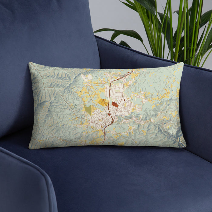 Custom Oak Hill West Virginia Map Throw Pillow in Woodblock on Blue Colored Chair