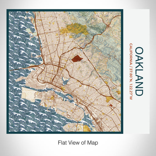 Rendered View of Oakland California Map on 17oz Stainless Steel Insulated Tumbler in Woodblock Map Style