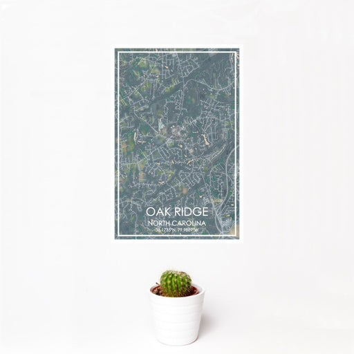 12x18 Oak Ridge North Carolina Map Print Portrait Orientation in Afternoon Style With Small Cactus Plant in White Planter