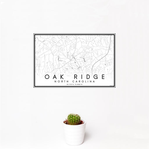 12x18 Oak Ridge North Carolina Map Print Landscape Orientation in Classic Style With Small Cactus Plant in White Planter