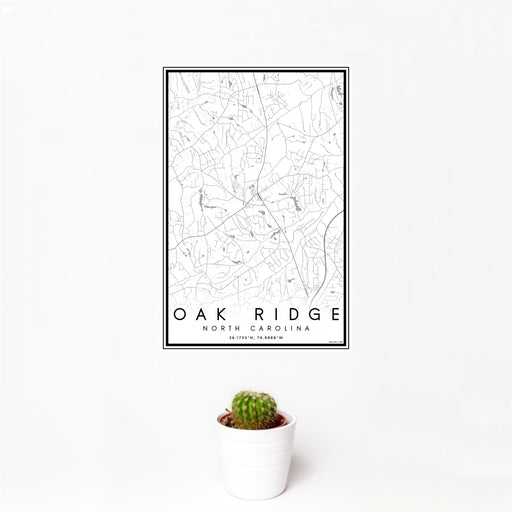 12x18 Oak Ridge North Carolina Map Print Portrait Orientation in Classic Style With Small Cactus Plant in White Planter
