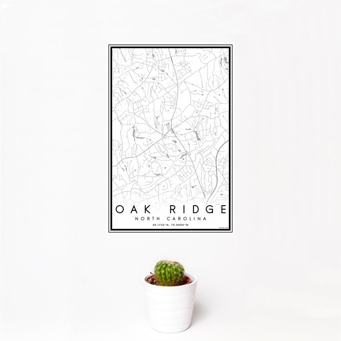 12x18 Oak Ridge North Carolina Map Print Portrait Orientation in Classic Style With Small Cactus Plant in White Planter