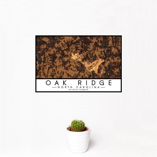 12x18 Oak Ridge North Carolina Map Print Landscape Orientation in Ember Style With Small Cactus Plant in White Planter