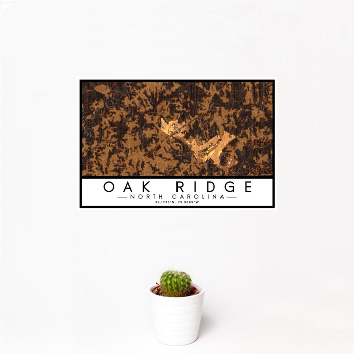 12x18 Oak Ridge North Carolina Map Print Landscape Orientation in Ember Style With Small Cactus Plant in White Planter