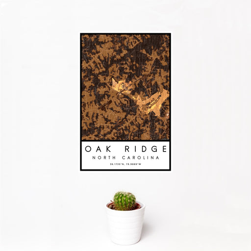 12x18 Oak Ridge North Carolina Map Print Portrait Orientation in Ember Style With Small Cactus Plant in White Planter