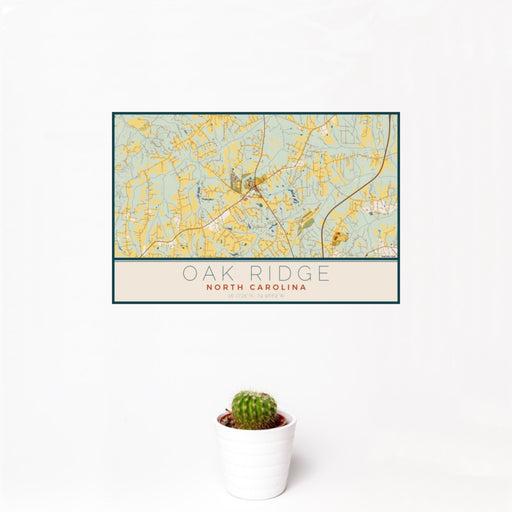 12x18 Oak Ridge North Carolina Map Print Landscape Orientation in Woodblock Style With Small Cactus Plant in White Planter